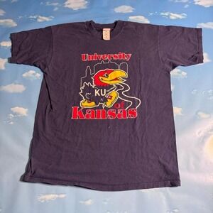 Vintage Fruit of the Loom Kansas Jayhawks Heavy Cotton T-Shirt Navy Blue XL
